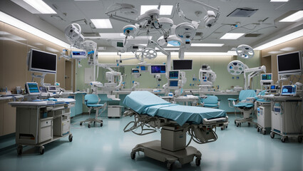 This is a hospital operating room with a surgical table, lights, and medical equipment.

