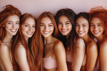 Fototapeta premium A group of five friends with different hairstyles and expressions pose closely together symbolizing the beauty of individuality diversity and the joy of being united in friendship
