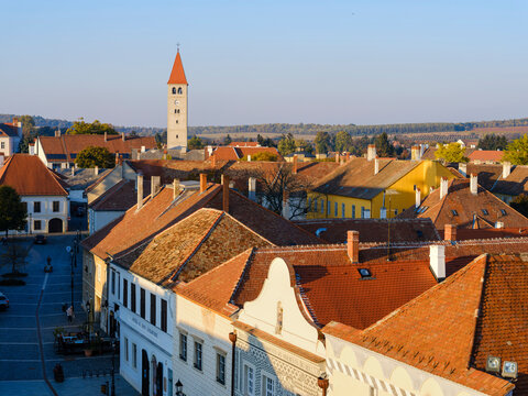 City view and Jurisics square. The medieval town Koszeg in Western Transdanubia close to the Austrian border. Eastern Europe, Hungary.