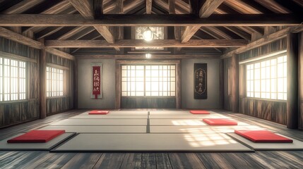 Martial Arts Dojo with Tatami Mats and Authentic Japanese Decor Ready for Intense Training and Skill Development
