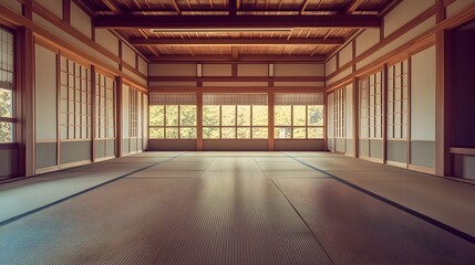 Martial Arts Dojo with Tatami Mats and Traditional Japanese Decor Ready for Disciplined Training and Practice of Various Martial Arts Techniques