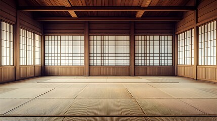 Fototapeta premium Martial Arts Dojo with Tatami Mats and Traditional Japanese Decor Ready for Intense Training Sessions and Disciplined Practice