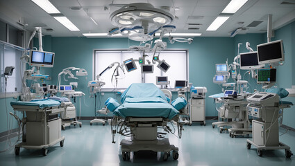 This is a hospital operating room with a surgical table, lights, and medical equipment.

