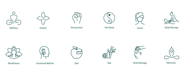 Vector Icons Set: Meditation, Holistic, Strong Heart, Yang Wand, Sauna, Body Massage, Mindfulness, Emotional Well-being, Diet, Spa, Head Massage