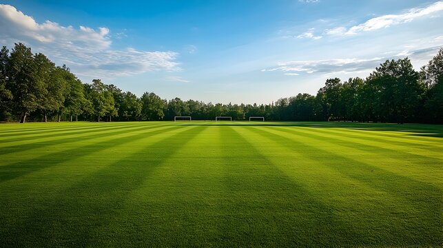 Expansive and picturesque polo field with tall goalposts at each end surrounded by lush green grass ready for an exhilarating sports competition or match