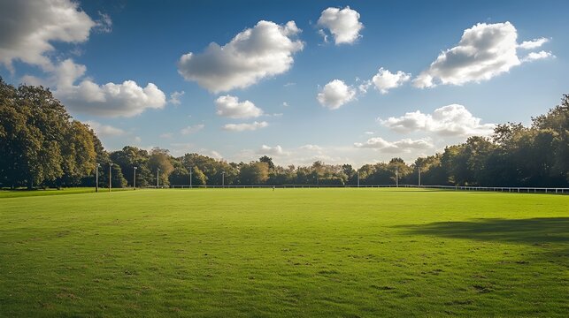 Panoramic view of a vast lush polo field with prominent goalposts at either end set against a backdrop of a picturesque rural landscape  The green