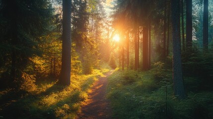 Fototapeta premium Golden hour light shining through a forest, warm and inviting nature setting, peaceful walk
