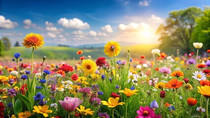 Obraz premium Vibrant meadow filled with colorful flowers, Flowers, Meadow, Landscape, Colorful, Vibrant, Nature, Scenic, Beauty, Blooms