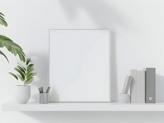 A 3D rendered mockup of a clean,minimalist acrylic frame displayed on a floating shelf in a bright,airy home office setting. The frame is surrounded by Scandinavian-inspired desk accessories.