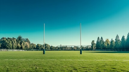 Obraz premium Picturesque rugby field with tall iconic goalposts standing at the ready for an intense match The lush green grass and open space create an inviting scene for a spirited sporting event