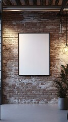 A 3D rendered mockup of a clean,white background frame placed inside a sophisticated,industrial-style loft with exposed brick walls and metal accents.