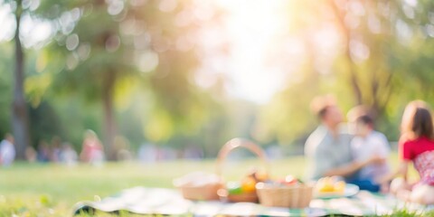 Blurred background of a family picnic in a park with blankets and food.