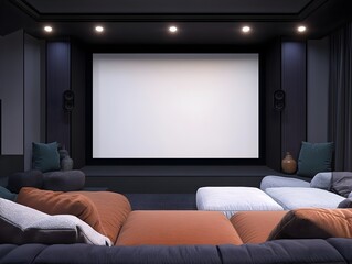 A 3D rendered mockup of a cozy and luxurious home theater setup,featuring a white background frame,a plush sectional sofa,dark accent walls,recessed lighting.