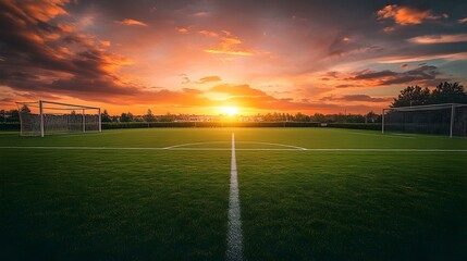 Picturesque wide soccer field with goalposts under a glowing sunset sky leaving copy space on the left side for text overlay or placement
