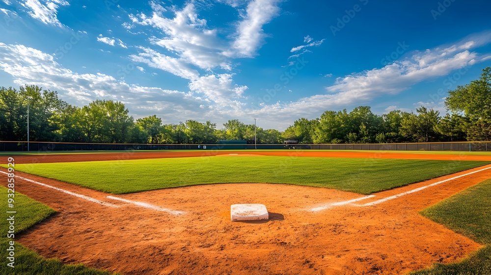 Wall mural perfectly manicured softball field with bases pitching mound and well maintained infield ample copy 