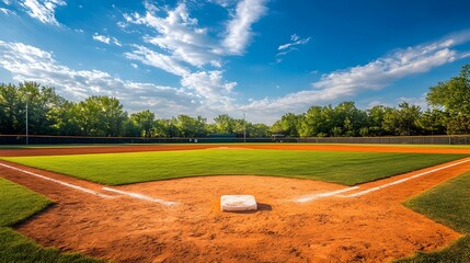 Perfectly manicured softball field with bases pitching mound and well maintained infield  Ample copy space available above the scene for text overlay or branding