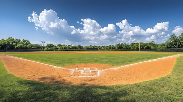 Vibrant Softball Field with Bases Pitcher s Mound and Well Maintained Infield Ideal for Competitive Sports Team Activities and Summer Recreational Play - Powered by Adobe
