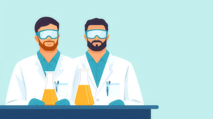 Industrial lab, technicians in protective lab coats and goggles, flat design illustration