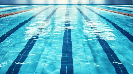 Obraz premium Competitive swimming pool with clear blue water and distinct lane dividers ready for an exciting race or training session