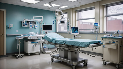 This is a hospital operating room with a surgical table, lights, and medical equipment.

