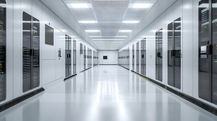 Fototapeta premium Empty server room with rows of server racks.