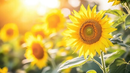 Obraz premium Golden sunflowers blooming in a field, bright and cheerful summer day, vibrant flowers