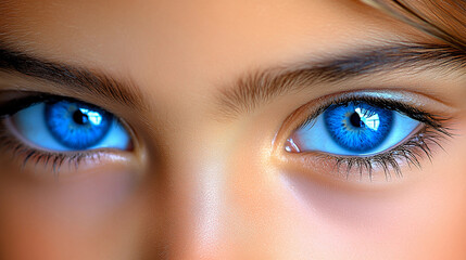 Obraz premium The bright blue eyes shimmer under sunlight, showcasing vibrant colors and intricate patterns in the irises