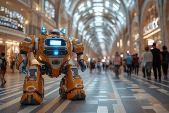 A friendly robot navigates a busy shopping mall interacting with people symbolizing integration of robotics in daily life snf future of AI in public spaces and human robot interaction
