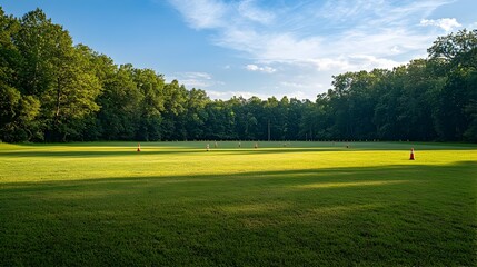 Expansive and Lush Ultimate Field with Cones Delineating the Game Boundaries for an Exciting Outdoor Sports Event or Match