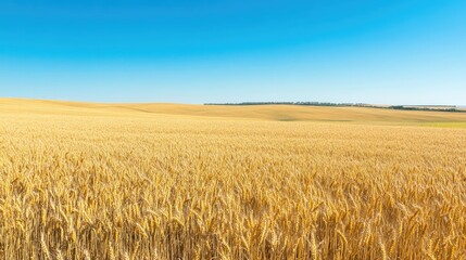 Golden wheat field under a clear blue sky, rich and abundant agricultural landscape