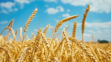 Fototapeta premium Golden wheat field under a clear blue sky, rich and abundant agricultural landscape