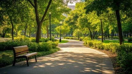 Obraz premium Green city park with benches, trees, and walking paths, urban oasis and outdoor space