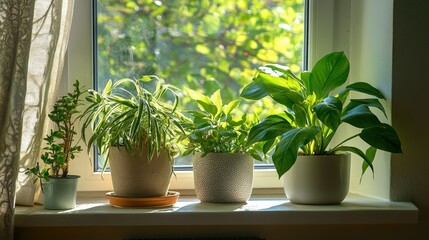 Fototapeta premium Green indoor potted plants on a windowsill, cozy and natural home decor, bright sunlight