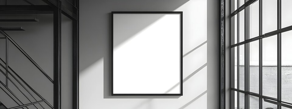 A 3D rendered mockup of a minimalist white background frame inside a modern loft featuring an industrial steel frame design high contrast black and white photography dramatic window lighting