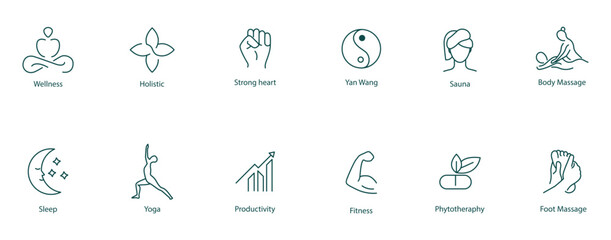 Vector Icons Set: Meditation, Mindfulness, Holistic, Strong Heart, Yang Wand, Sauna, Body Massage, Sleep, Yoga, Productivity, Fitness, Foot Massage