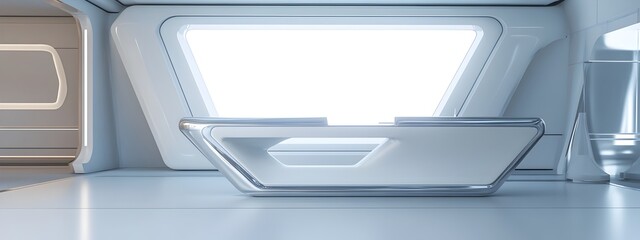 A 3D rendered mockup of a modern,minimalist home office space featuring a white framed background,a sleek color desk,holographic display screens,and chrome accents.