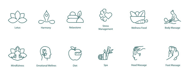Fototapeta premium Vector Icons Set: Lotus, Harmony, Relax Stone, Stress Management, Wellness Food, Body Massage, Mindfulness, Meditation, Emotional Well-Being, Diet, Spa, Head Massage, Foot Massage