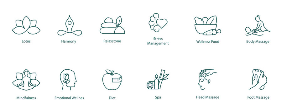 Vector Icons Set: Lotus, Harmony, Relax Stone, Stress Management, Wellness Food, Body Massage, Mindfulness, Meditation, Emotional Well-Being, Diet, Spa, Head Massage, Foot Massage