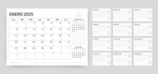 2025 Spanish calendar. Planner template. Calender layout with month. Desk schedule grid. Week starts Monday. Yearly table organizer. Horizontal monthly diary with 12 pages. Vector simple illustration
