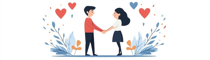 Obraz premium Charming illustration of a couple holding hands surrounded by hearts and floral elements, symbolizing love and togetherness.
