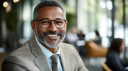 Fototapeta premium Happy businessman in suit with a beard and glasses smiling in a modern office.