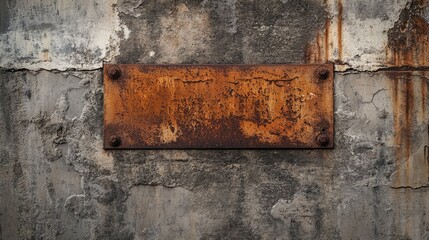 Old cement wall with a rusted metal plate attached, industrial decay and vintage feel