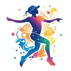 Colorful artistic illustration of a dancing person in vibrant, abstract colors and dynamic motion.
