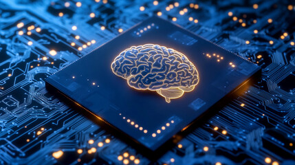 A conceptual representation of artificial intelligence with a glowing brain on a circuit board, emphasizing technology's impact on cognition