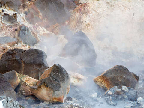 Geothermal area Seltun near Krysuvik volcano on Reykjanes peninsula during winter, Iceland.
