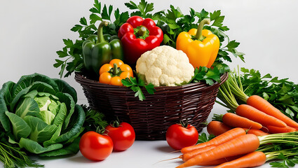 Fresh vegetables or vegans in a dark brown woven basket placed centrally against a plain white background. World food day or vegetarian day concept.