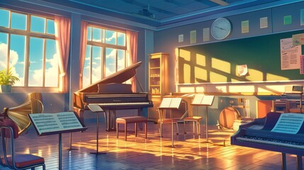 A music classroom with neatly arranged instruments, sheet music on stands, and a grand piano in the corner