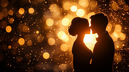 A couple embraces intimately, silhouetted against a backdrop of shimmering lights and a warm glow
