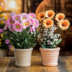 flowers pots decoration on wooden table