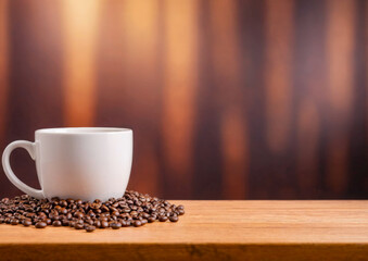 Coffee Cup and Beans on Wooden Table.